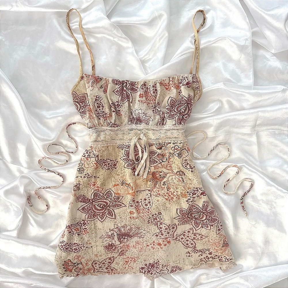Younique Y2K Boho Paisley Floral Lace Trim Cami Top Tan Red Small